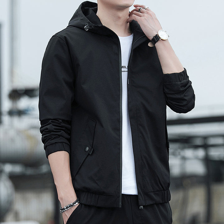 Men's Lightweight Hooded Windbreaker in Urban Minimal Style with Concealed Zipper and Elastic Cuffs.