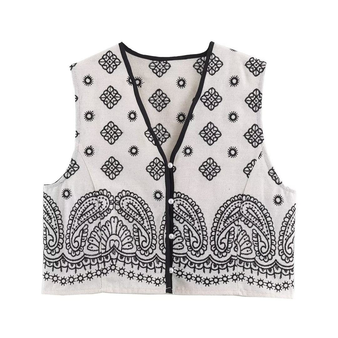 Women's sleeveless embroidered vest with paisley motif and pearl button placket Mune Fashion