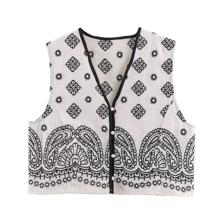 Women's sleeveless embroidered vest with paisley motif and pearl button placket Mune Fashion