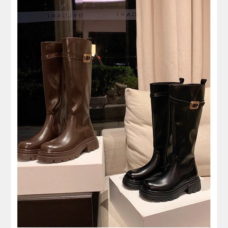 Ladies Knee Boots with Profiled Lug Sole and Decorative Buckle Strap Mune Fashion