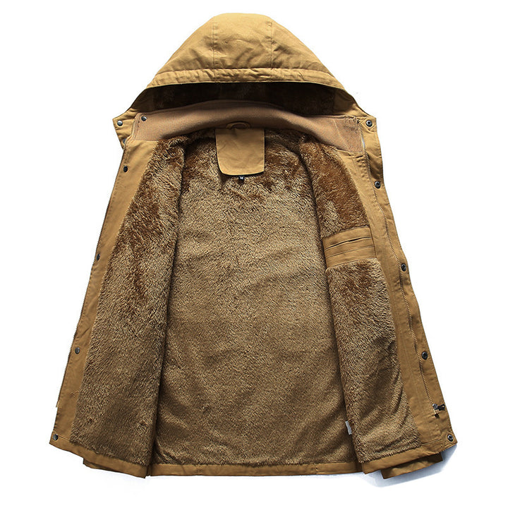 Men's nano thermal lined canvas field parka with teddy inner lining, hood and multifunctional pockets.