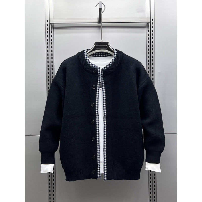 Unisex Casual Knit Jacket in Layering Look with Round Neck and Contrast Check Inner Layer Mune Fashion