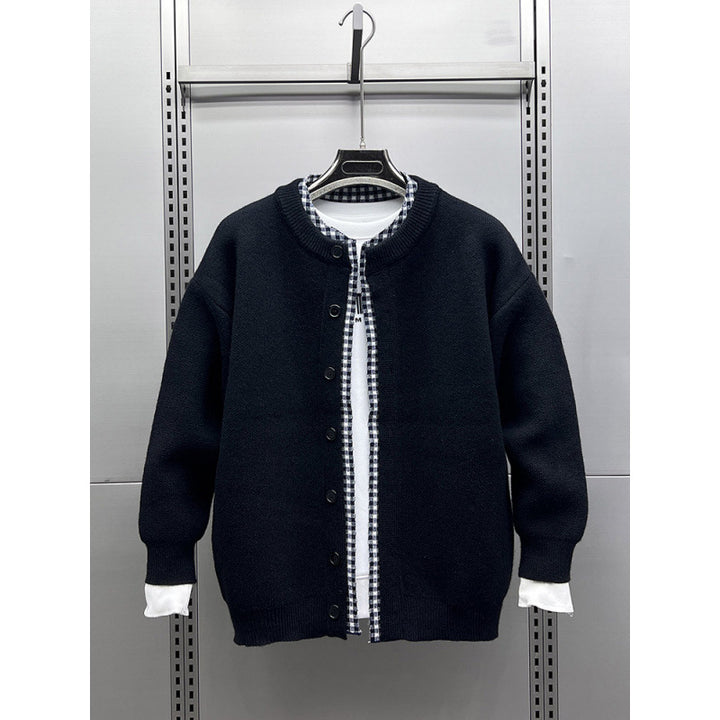Unisex Casual Knit Jacket in Layering Look with Round Neck and Contrast Check Inner Layer Mune Fashion
