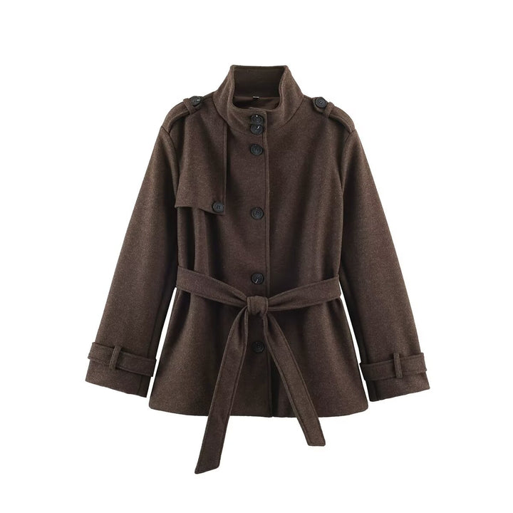 Women's short coat in trench style with tie belt, shoulder pads, and stand-up collar Drune