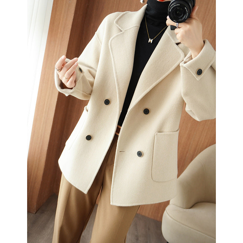 Women's Short Double-Breasted Wool Blend Coat with Notched Collar and Boxy Oversized Silhouette Mune Fashion