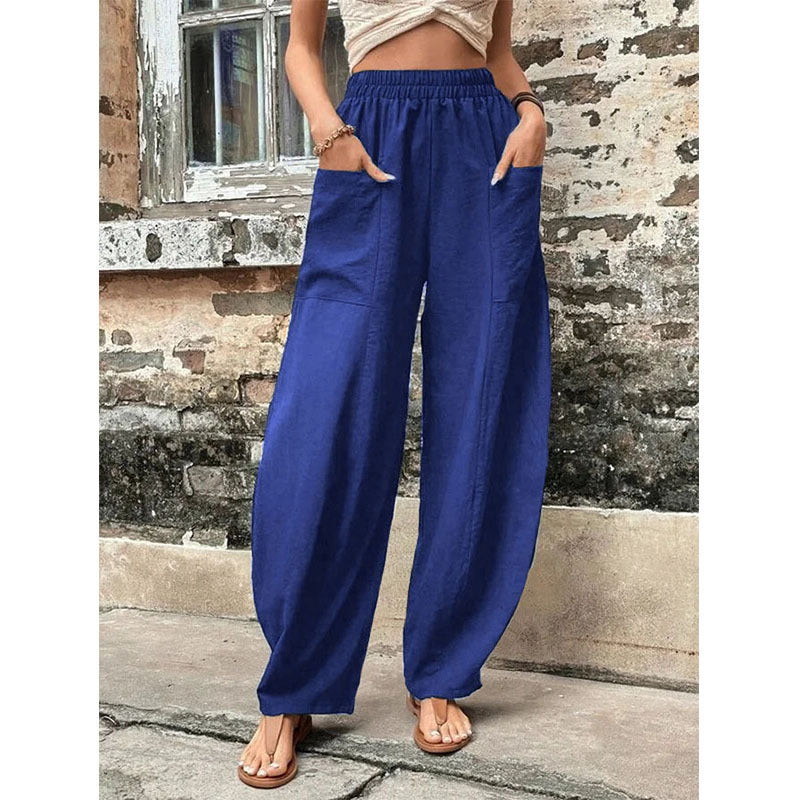 Women Wide Linen Trousers with Elastic Waistband, Patch Pockets and Casual Harem Cut Mune Fashion