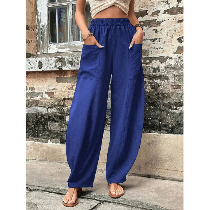 Women Wide Linen Trousers with Elastic Waistband, Patch Pockets and Casual Harem Cut Mune Fashion