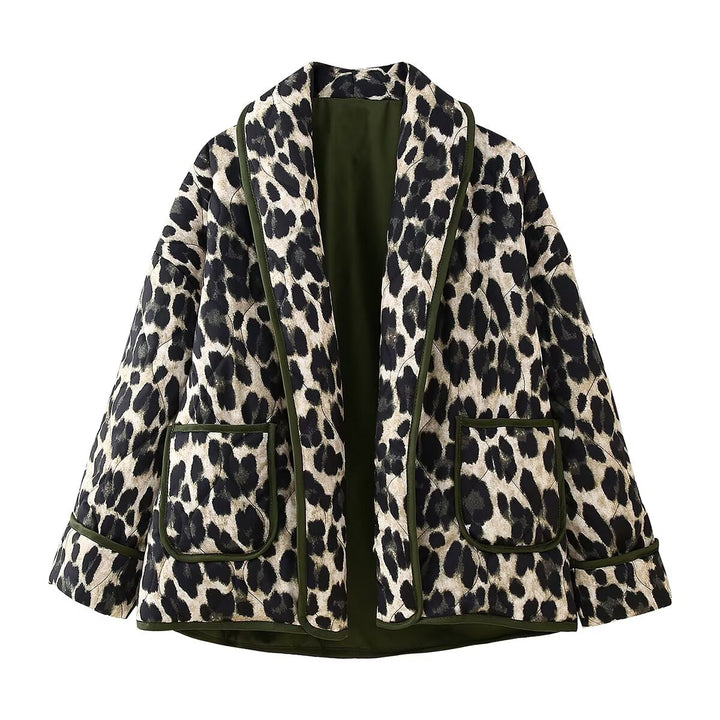 Women's Padded Kimono Jacket with Leopard Print, Oversized Cut and Patch Pockets Mune Fashion
