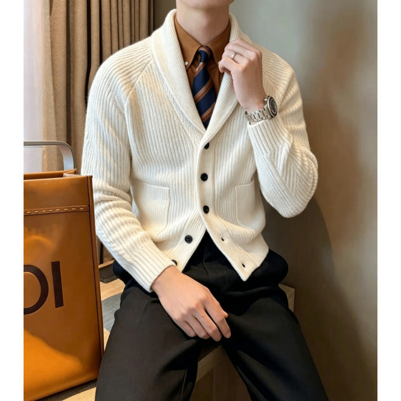 Men's shawl collar knitted cardigan with ribbed texture, button placket, and patch pockets Mune Fashion