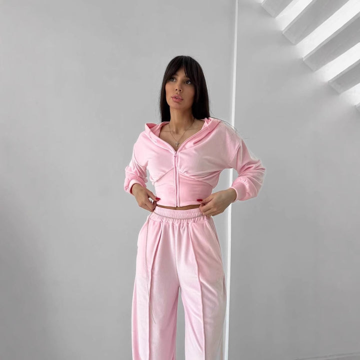Women's short hooded cropped zip sweatshirt with tailored chest hem and wide velour lounge pants with elastic waistband Mune Fashion