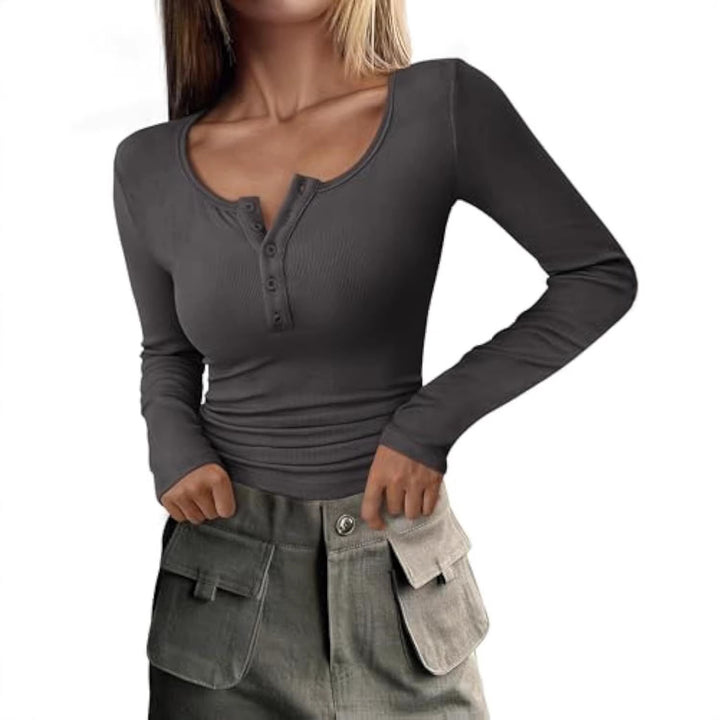 Women Long Sleeve Ribbed Shirt with Henley Button Placket and Tailored Fit Drune