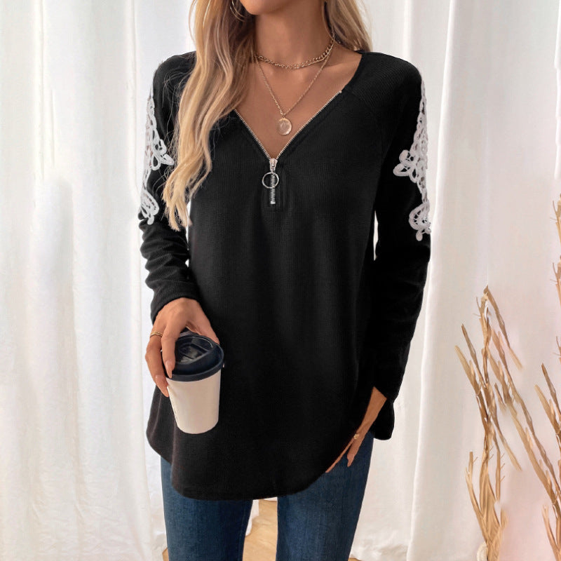 Women's Casual Long Sleeve Tunic Shirt with V-Zipper and Lace Application Mune Fashion