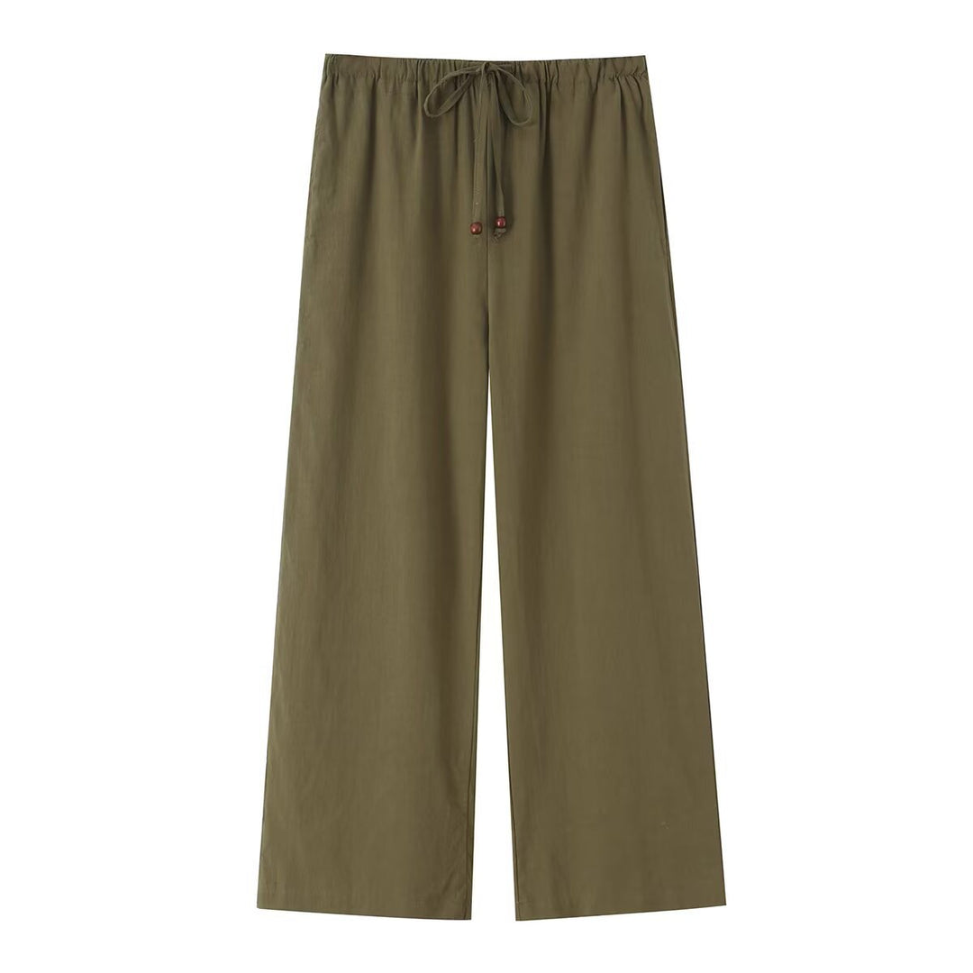 Women's Lightweight Loose Linen Look Pants with Elastic drawstring and Wooden beads Mune Fashion