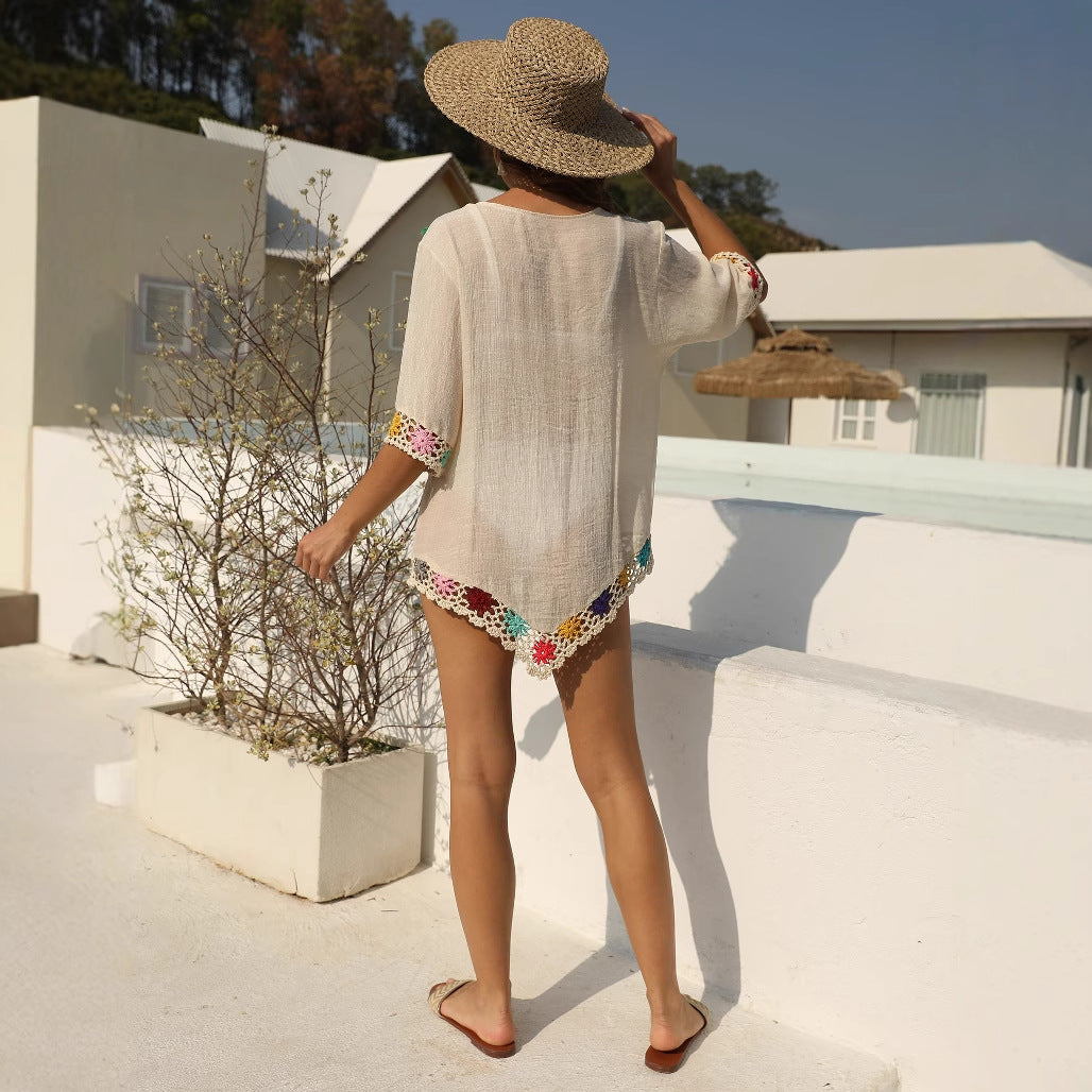 Women's airy kaftan with colorful crochet pattern Mune Fashion