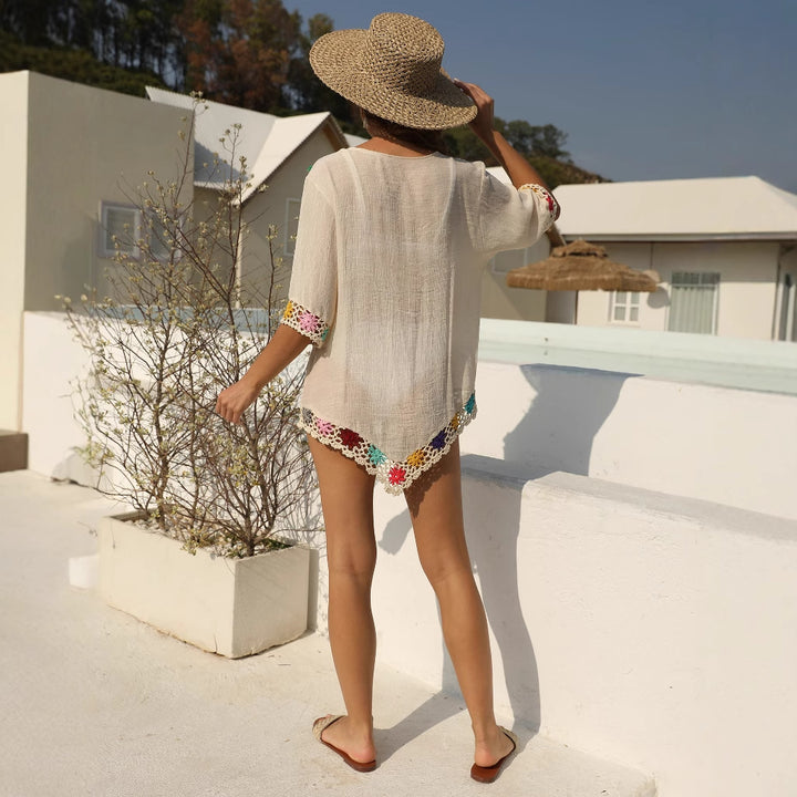 Women's airy kaftan with colorful crochet pattern Mune Fashion
