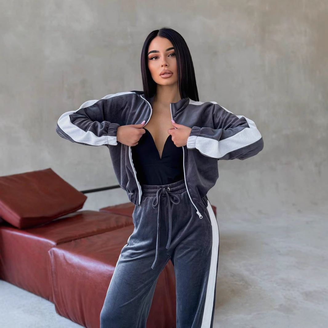 Women soft velvet tracksuit set with zip jacket and elastic drawstring pants Mune Fashion