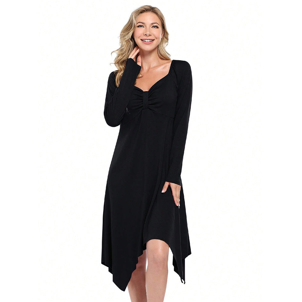 Women’s asymmetrical long sleeve dress with gathered bustier, empire seam, and pointed hem Mune Fashion