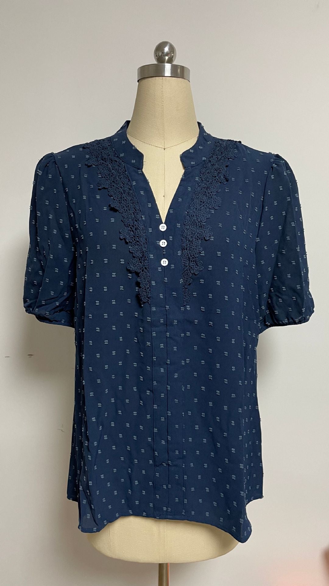 Women's semi-transparent Dobby blouse with stand-up collar, crochet trim, and puff sleeves Mune Fashion