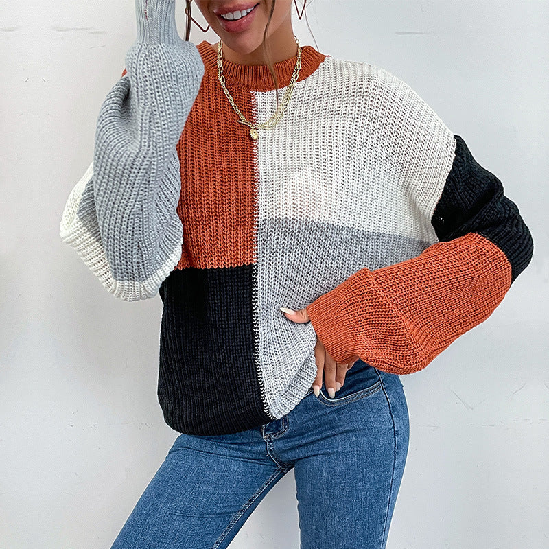 Women Chunky Knit Colorblock Sweater Oversized with Round Neck & Balloon Sleeves Mune Fashion