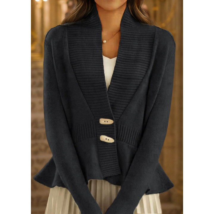 Women's plush knit cardigan with shawl collar, ribbed trim, and narrow flounce Mune Fashion