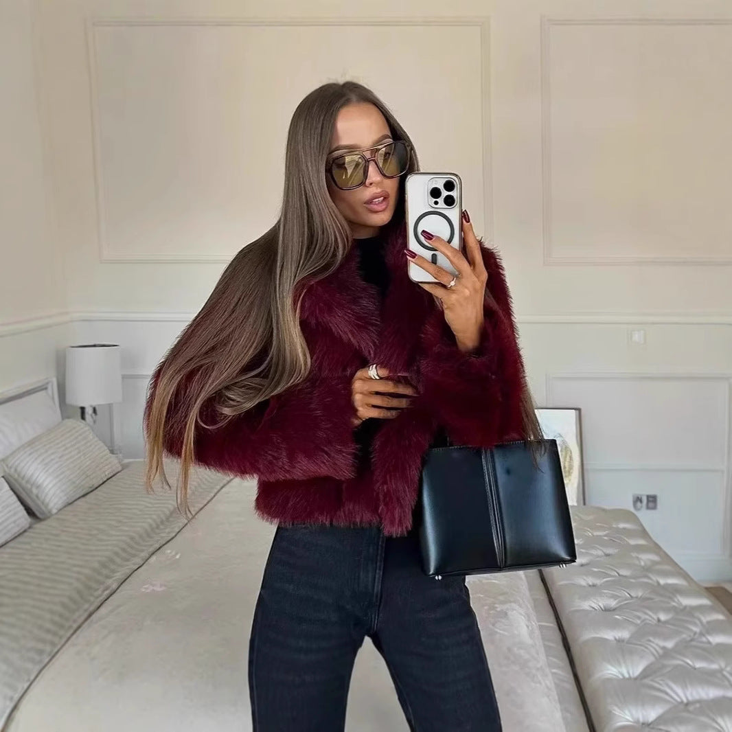Women's Short Teddy Faux Fur Cropped Blouson with Internal Button Placket and Soft Sleeve Cuffs Mune Fashion