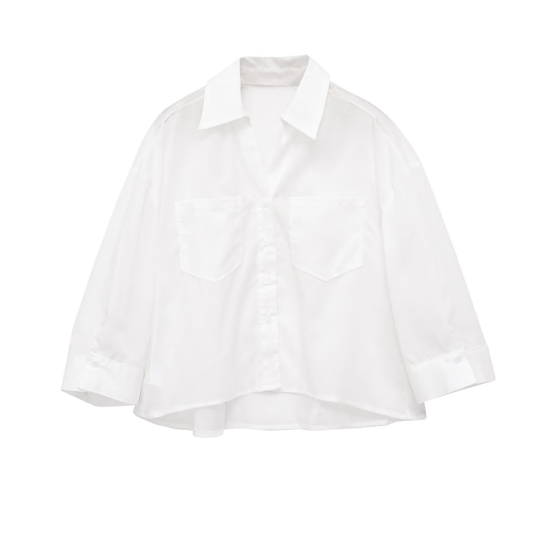 Women Oversized Shirt Blouse with Breast Pockets and Extended Back Hem Mune Fashion