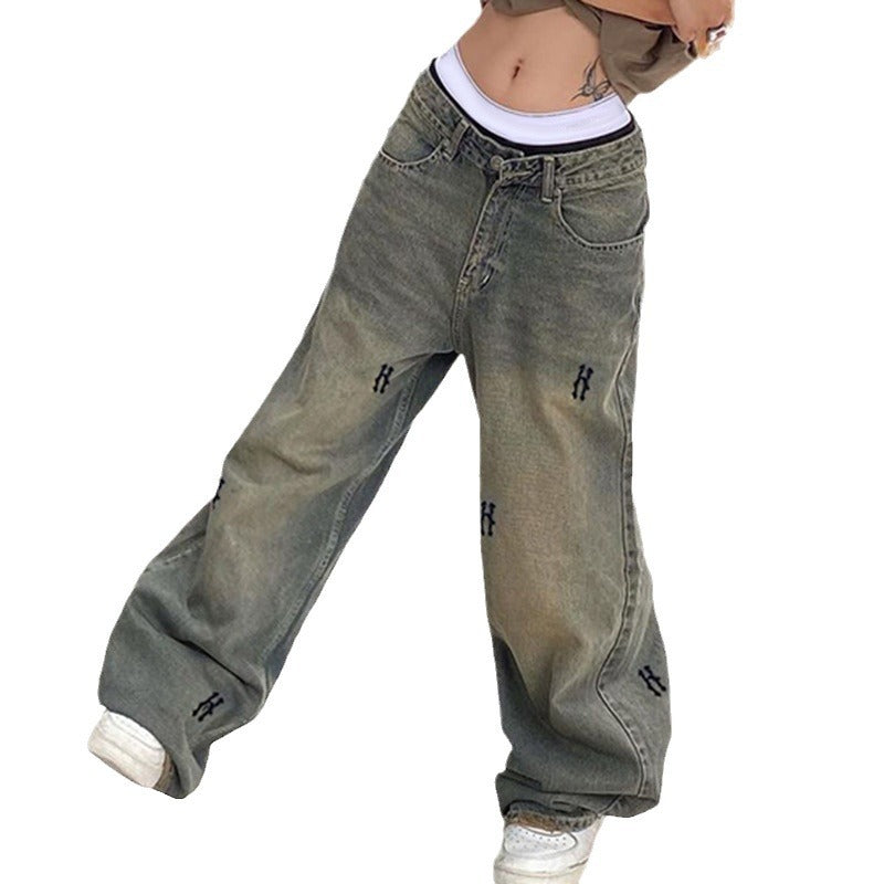 Women's high-waisted wide denim jeans with straight leg, five-pocket and tone-on-tone embroidery Mune Fashion