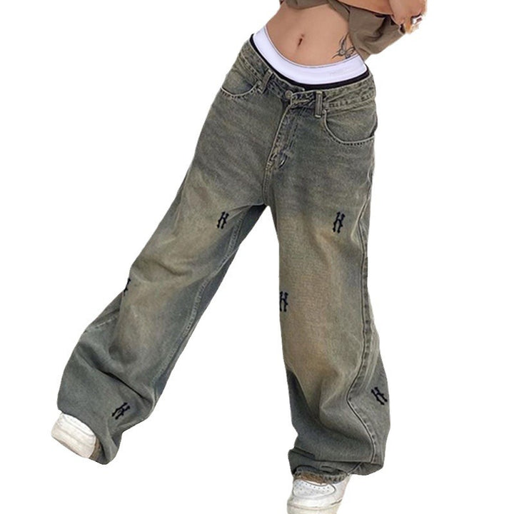 Women's high-waisted wide denim jeans with straight leg, five-pocket and tone-on-tone embroidery Mune Fashion