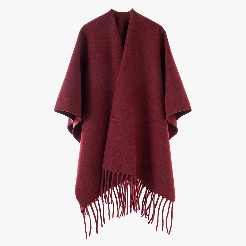 Women's Open Wool Blend Cape-Style Throw with Fringe Hem Mune Fashion