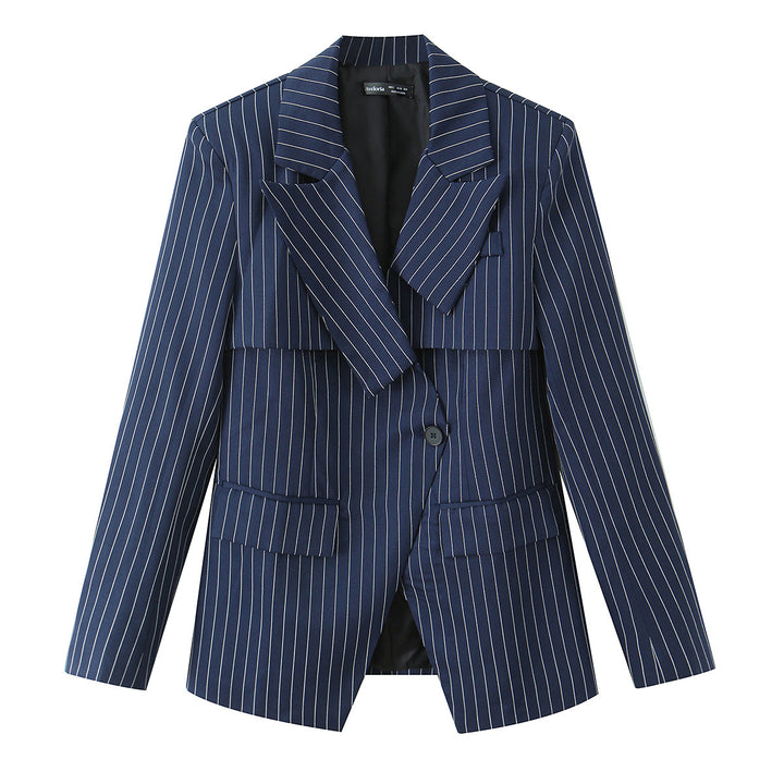 Women tailored pinstripe blazer with asymmetric lapel and flap pockets Mune Fashion