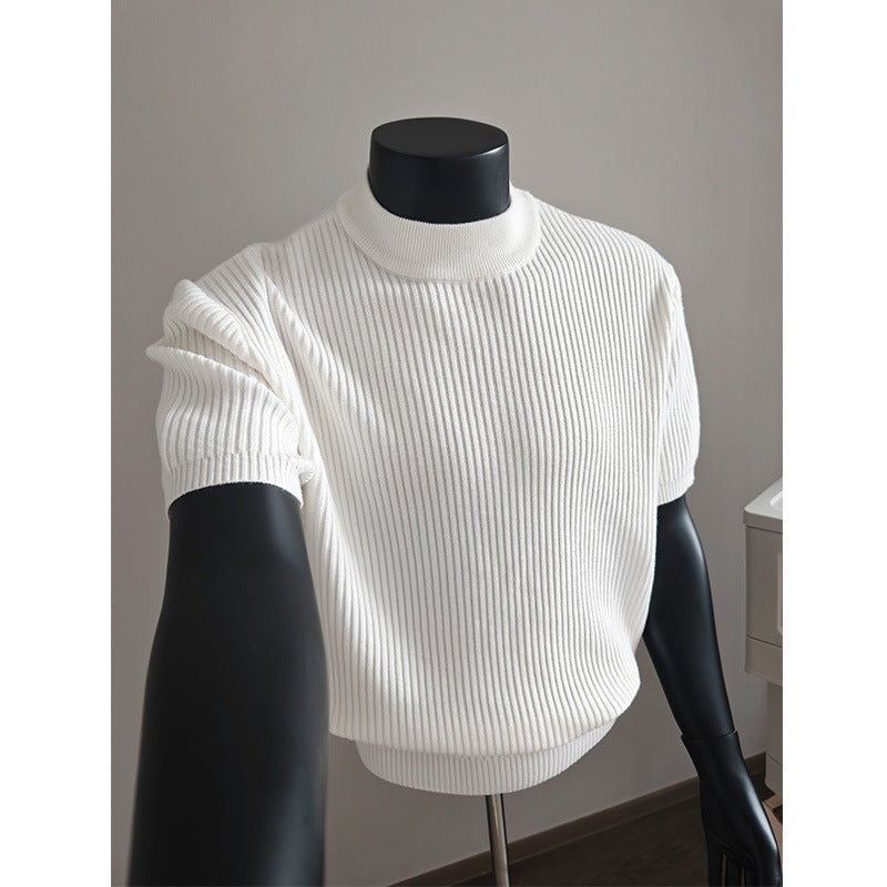 Men's short-sleeved ribbed knit shirt with stand-up collar and slim fit Mune Fashion