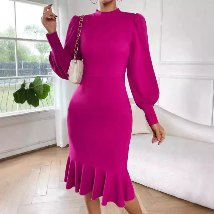 Women's tailored pencil midi dress with stand-up collar, balloon sleeves and bell ruffle Mune Fashion