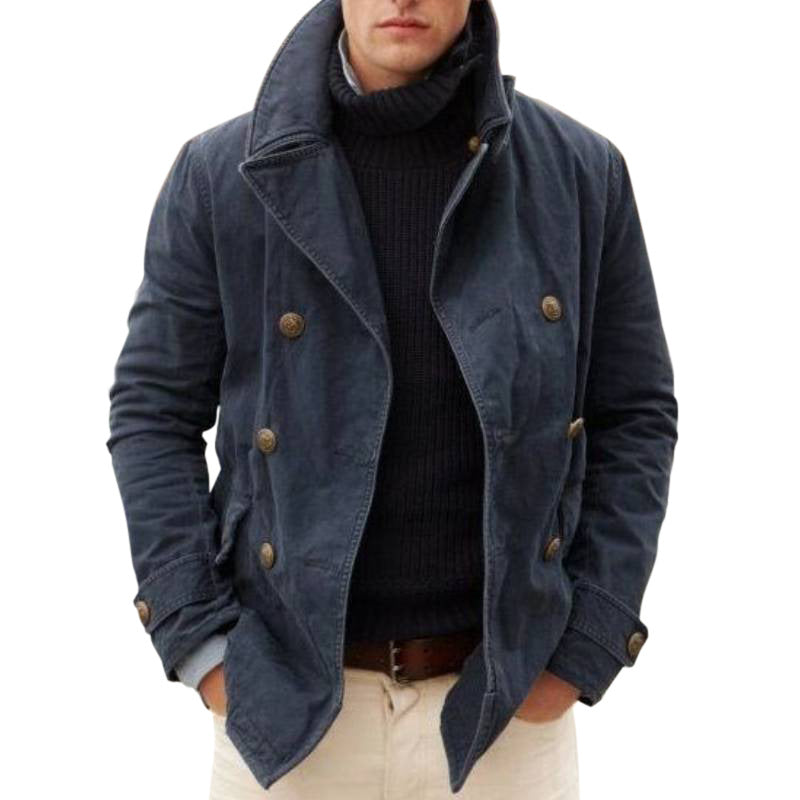 Men's Double-breasted Cotton Peacoat with Navy Buttons and Stand Collar Mune Fashion