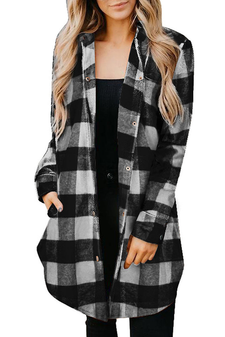 Women's Casual Long Blouse In Check Design with Button Placket Mune