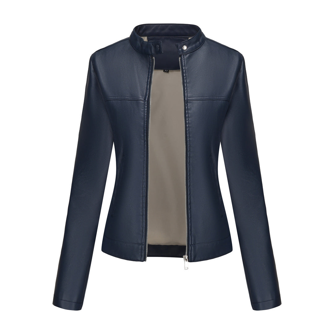Ladies' tailored faux leather jacket with stand-up collar, concealed zipper, and clean minimal design Mune Fashion