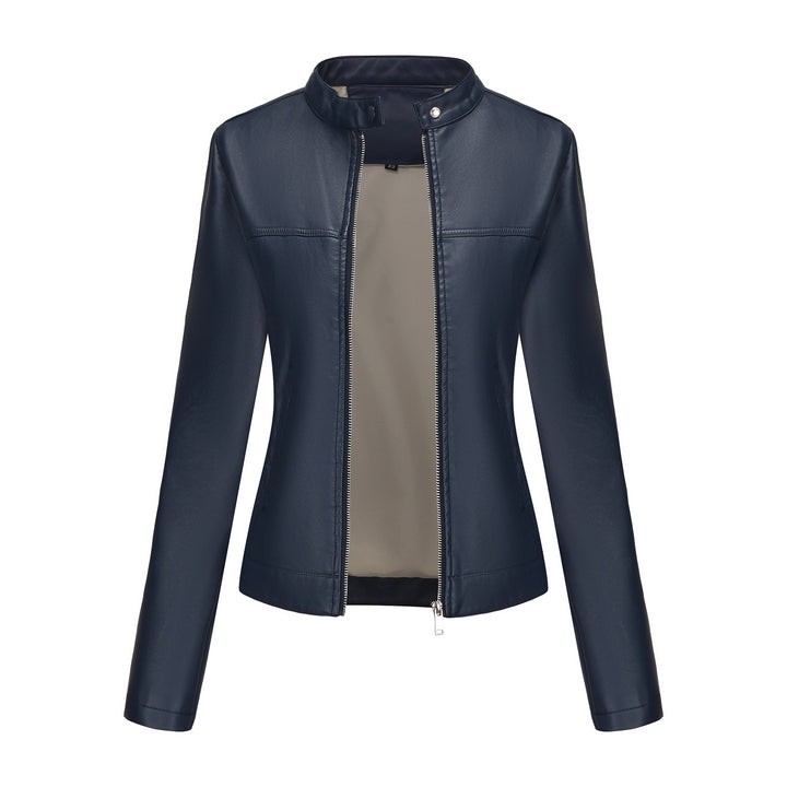 Ladies' tailored faux leather jacket with stand-up collar, concealed zipper, and clean minimal design Mune Fashion