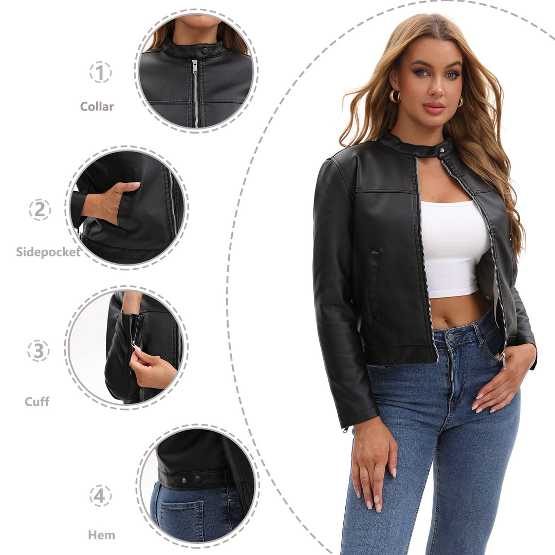 Ladies' tailored faux leather jacket with stand-up collar, concealed zipper, and clean minimal design Mune Fashion