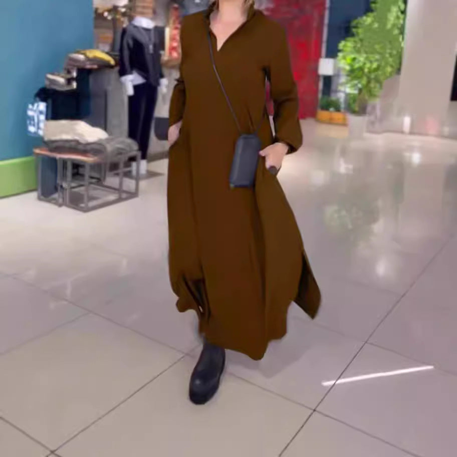 Women's flowing maxi dress with V-neck, boxy A-line, and long sleeves Mune Fashion