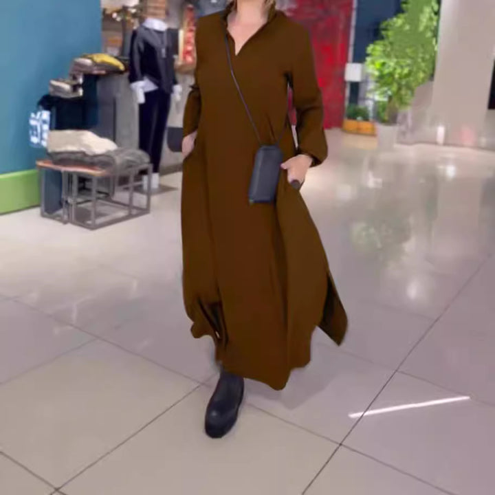 Women's flowing maxi dress with V-neck, boxy A-line, and long sleeves Mune Fashion