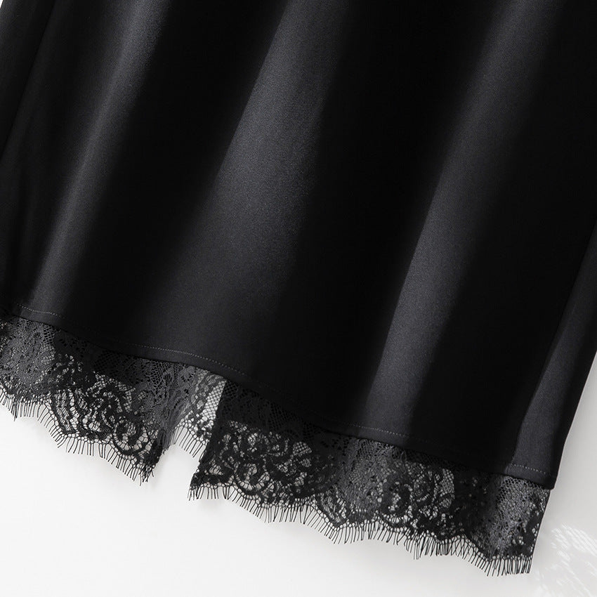 Ladies midi skirt made of satin with lace trim and side pockets Mune Fashion
