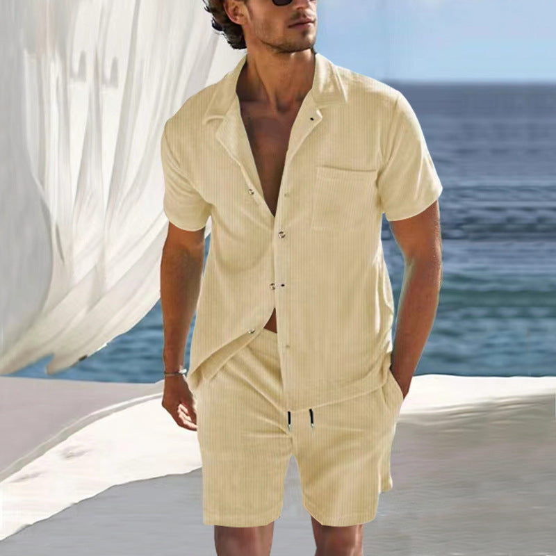 Men's Nano Lightweight Linen Resort Set with Short Sleeve Cuban Collar Shirt and Drawstring Bermuda Mune Fashion