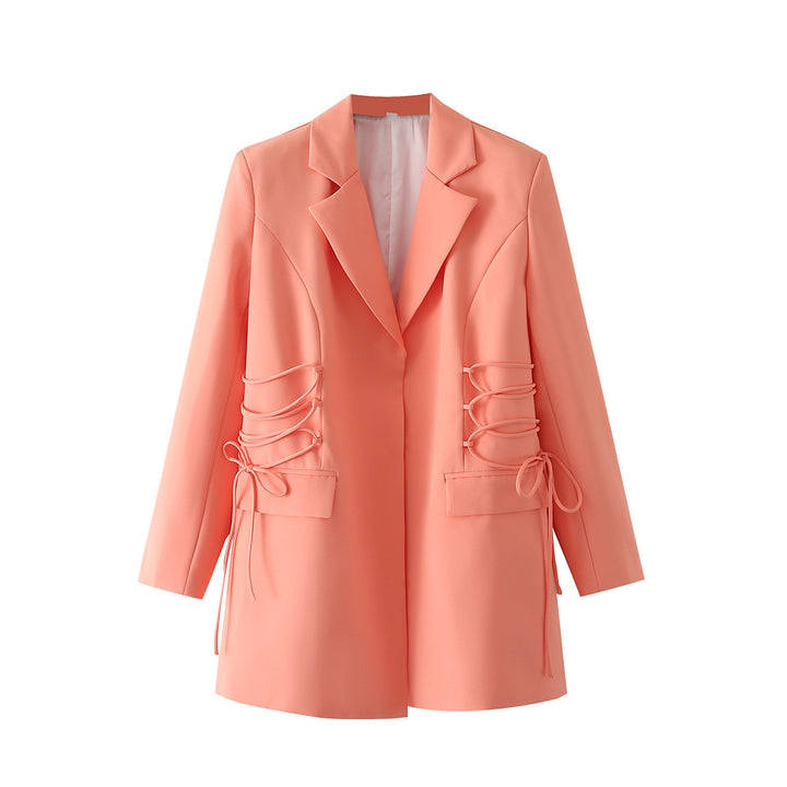 Women's tailored long blazer with side lacing and flap pockets Mune Fashion