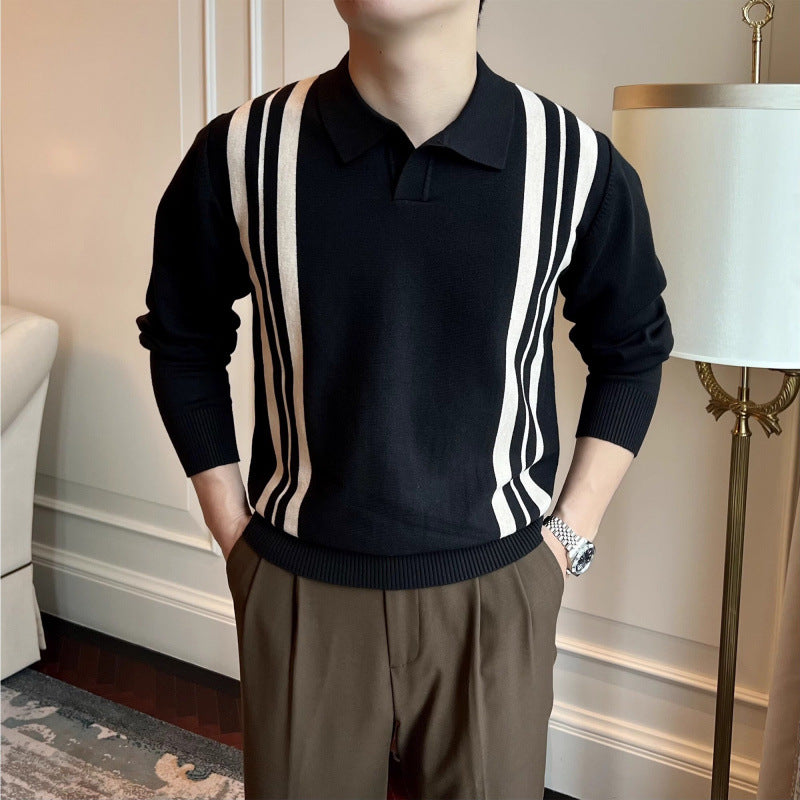 Men's Polo Collar Knit Sweater with Distinctive Stripes and Slim Fit Mune Fashion