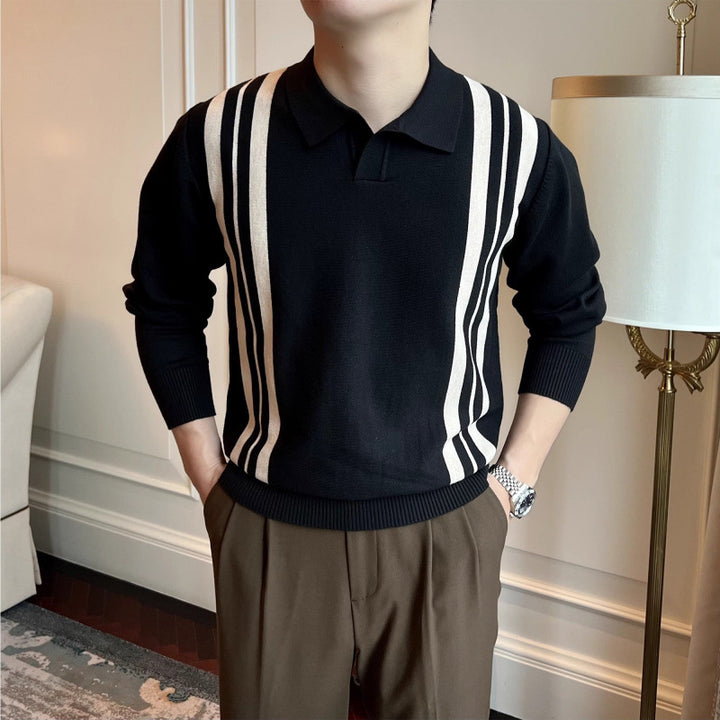 Men's Polo Collar Knit Sweater with Distinctive Stripes and Slim Fit Mune Fashion