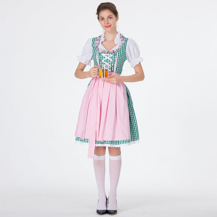 Women's checked dirndl dress with gathered apron and laced bodice front Mune Fashion