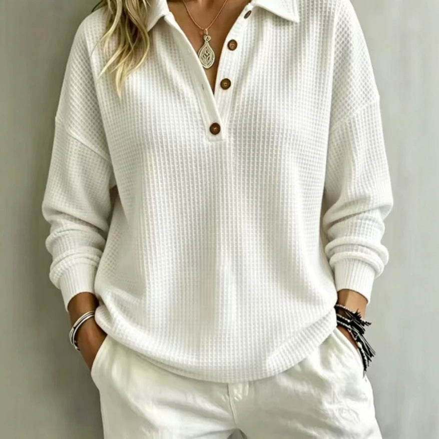 Ladies waffle knit polo with oversized fit, button placket and roll neck look Mune Fashion