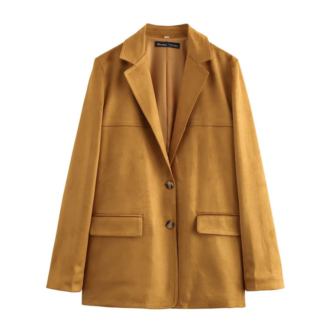 Women's Long Cut Suede Look Blazer with Notch Collar and Flap Pockets Mune Fashion