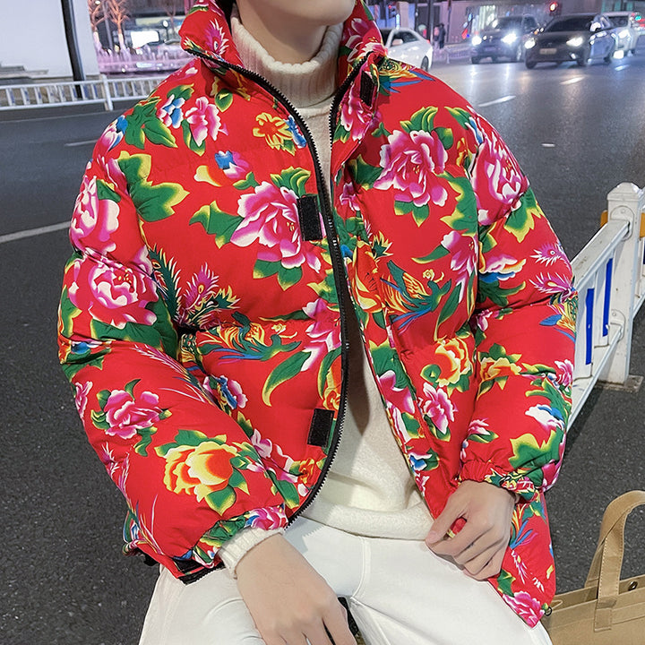 Women’s Padded Quilted Puffer Jacket with Large Floral Print and Stand Collar Mune Fashion