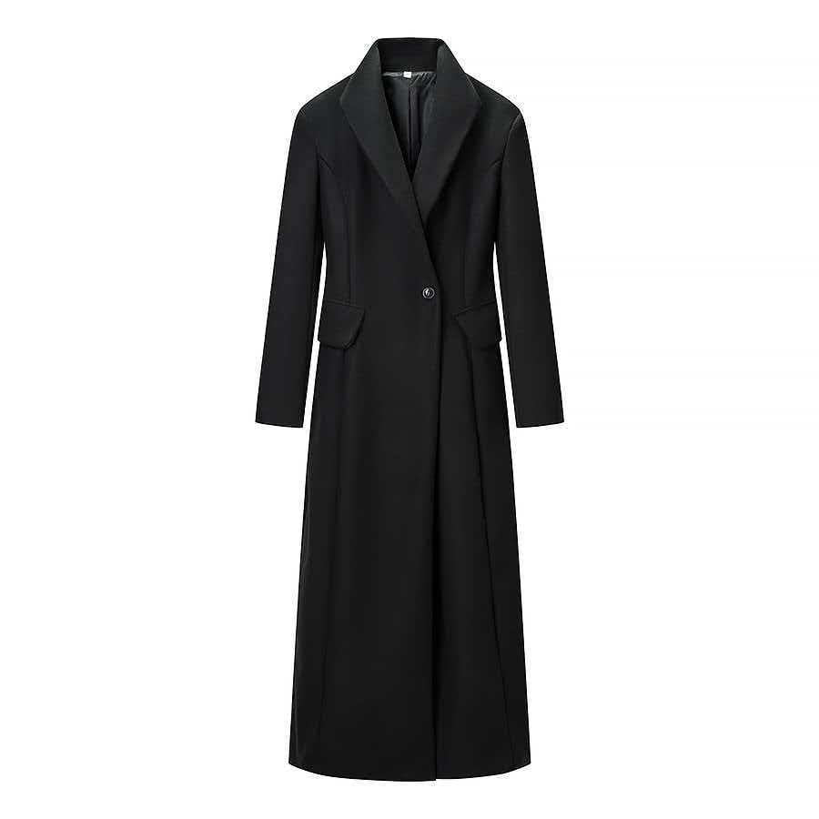 Women Tailored Longline Coat with Emphasized Shoulder Area and One-Button Closure Mune Fashion