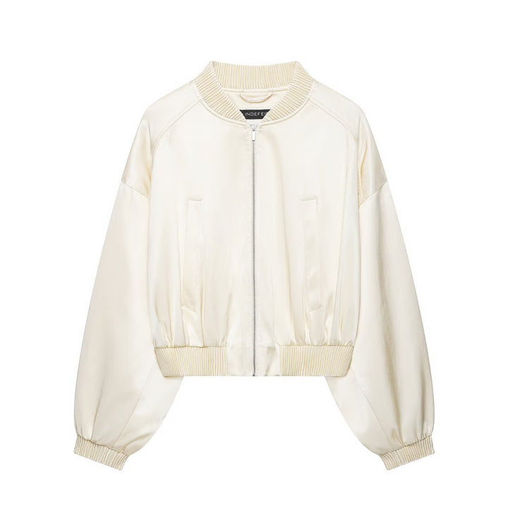 Women's Short Satin Bomber with Oversized Balloon Sleeves and Ribbed Collar Drune